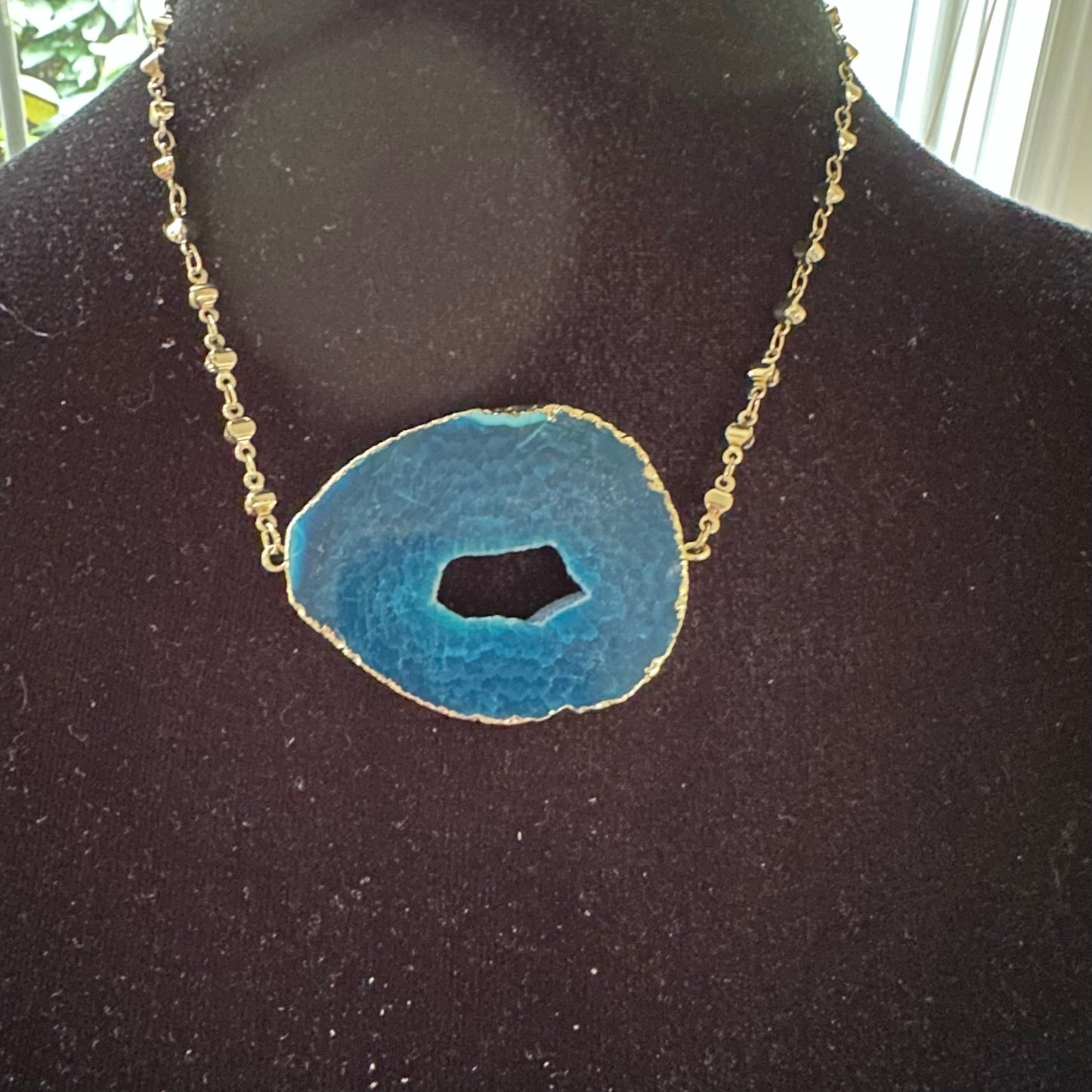 Blue Agate Necklace with Gold Tone Chain