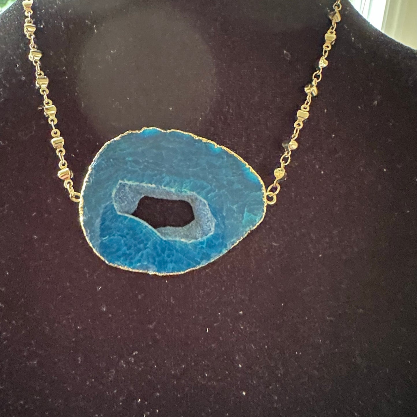 Blue Agate Necklace with Gold Tone Chain