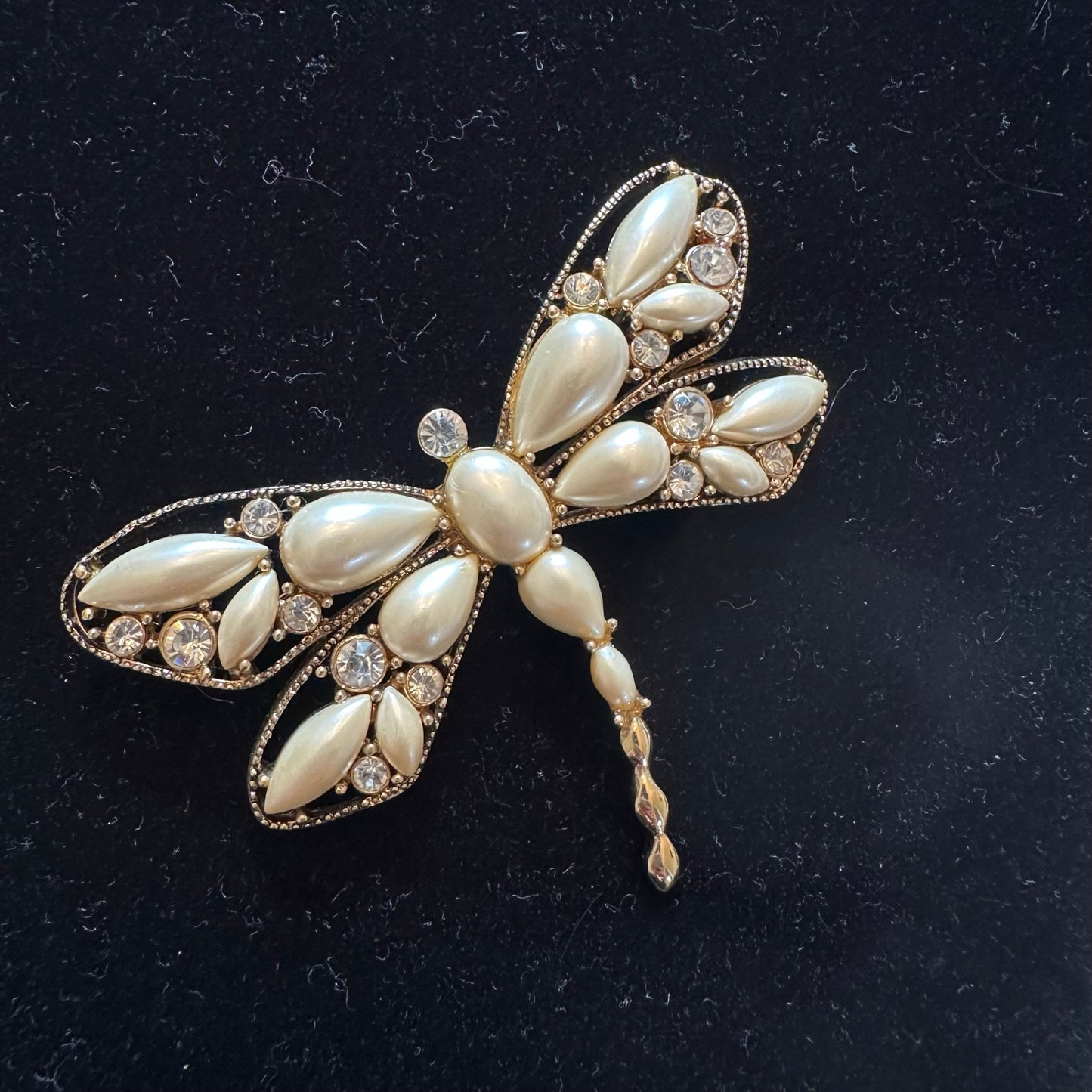 Vintage Signed Monet pearl and crystal dragonfly brooch