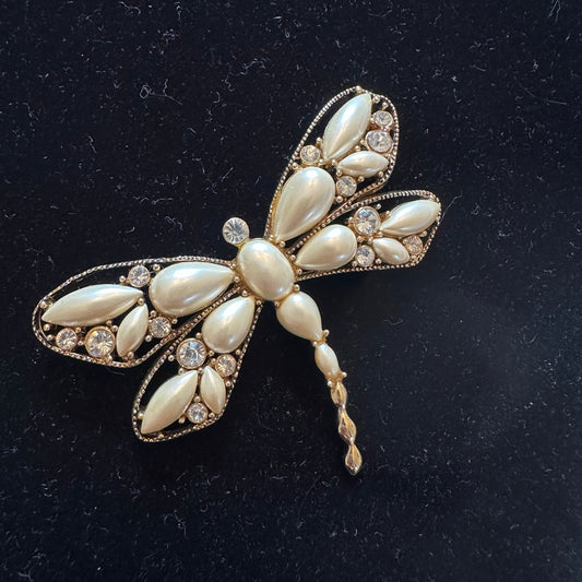 Vintage Signed Monet pearl and crystal dragonfly brooch