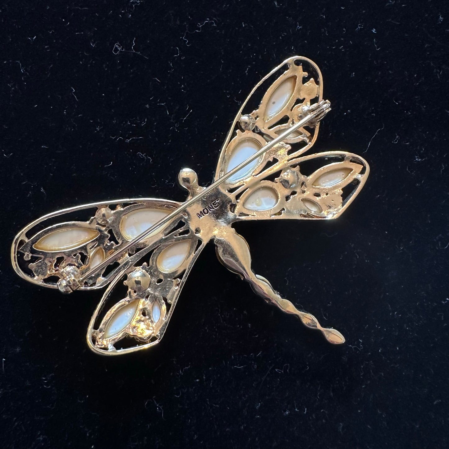 Vintage Signed Monet pearl and crystal dragonfly brooch