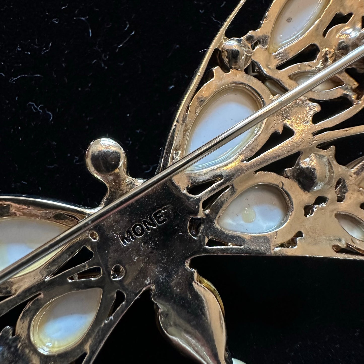 Vintage Signed Monet pearl and crystal dragonfly brooch