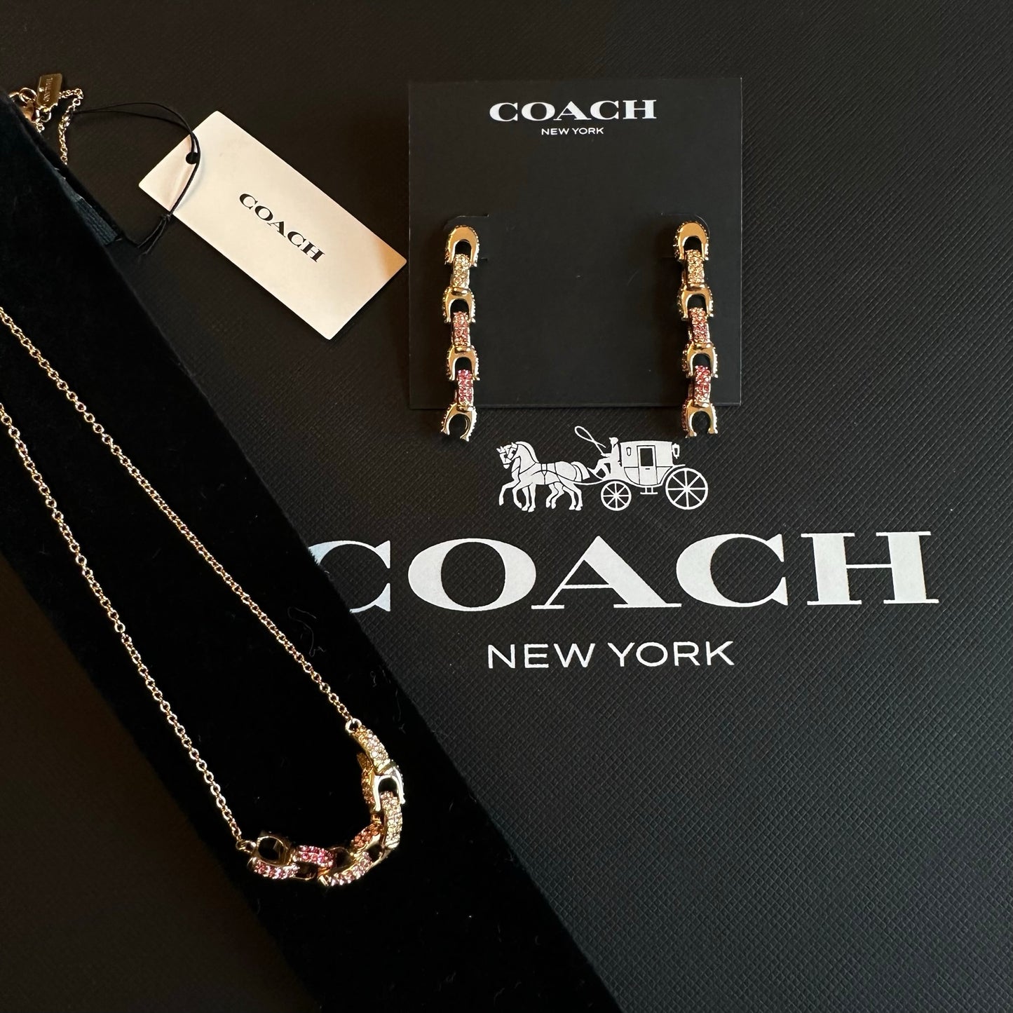 COACH Signature C Pave Pink Ombre Necklace & Earrings Set